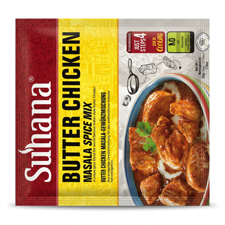 Suhana Butter Chicken Masala Mix by Suhana Ground Spices — front view showing product label and branding, studio product photo on white background