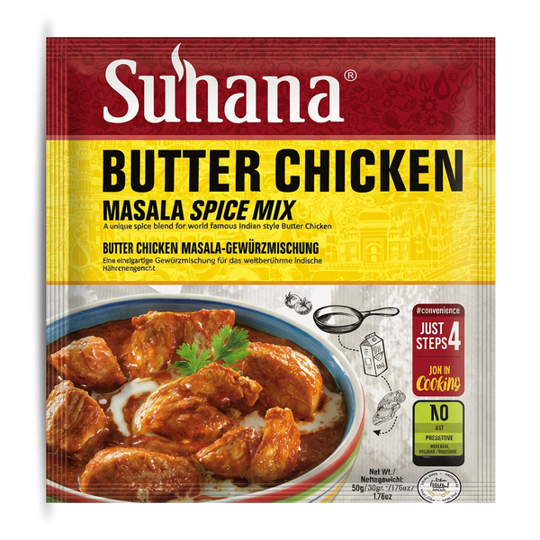 Suhana Butter Chicken Masala Mix by Suhana Ground Spices — front view showing product label and branding, studio product photo on white background