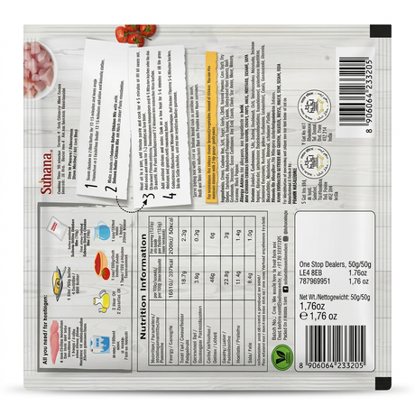 Suhana Butter Chicken Masala Mix by Suhana Ground Spices — back view showing ingredients and product details, studio product photo on white background