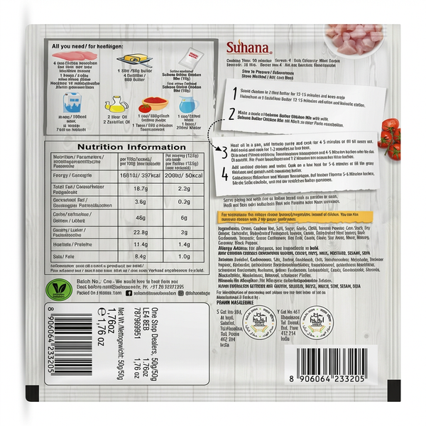 Suhana Butter Chicken Masala Mix by Suhana Ground Spices — back view showing ingredients and product details, studio product photo on white background
