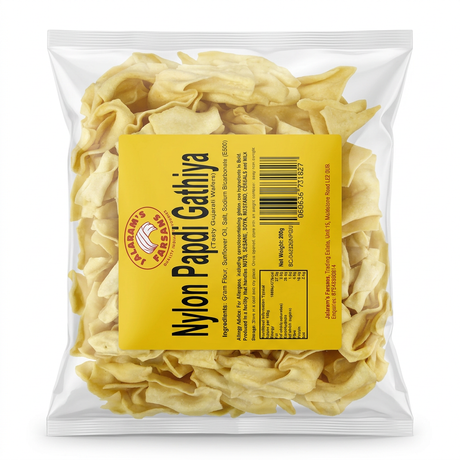 Jalram's Farsan Nylon Papdi Gathiya by Jalram's Farsan Indian Snacks — back view showing ingredients and product details, studio product photo on white background