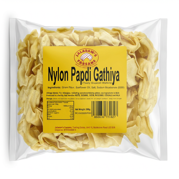Jalram's Farsan Nylon Papdi Gathiya by Jalram's Farsan Indian Snacks — back view showing ingredients and product details, studio product photo on white background
