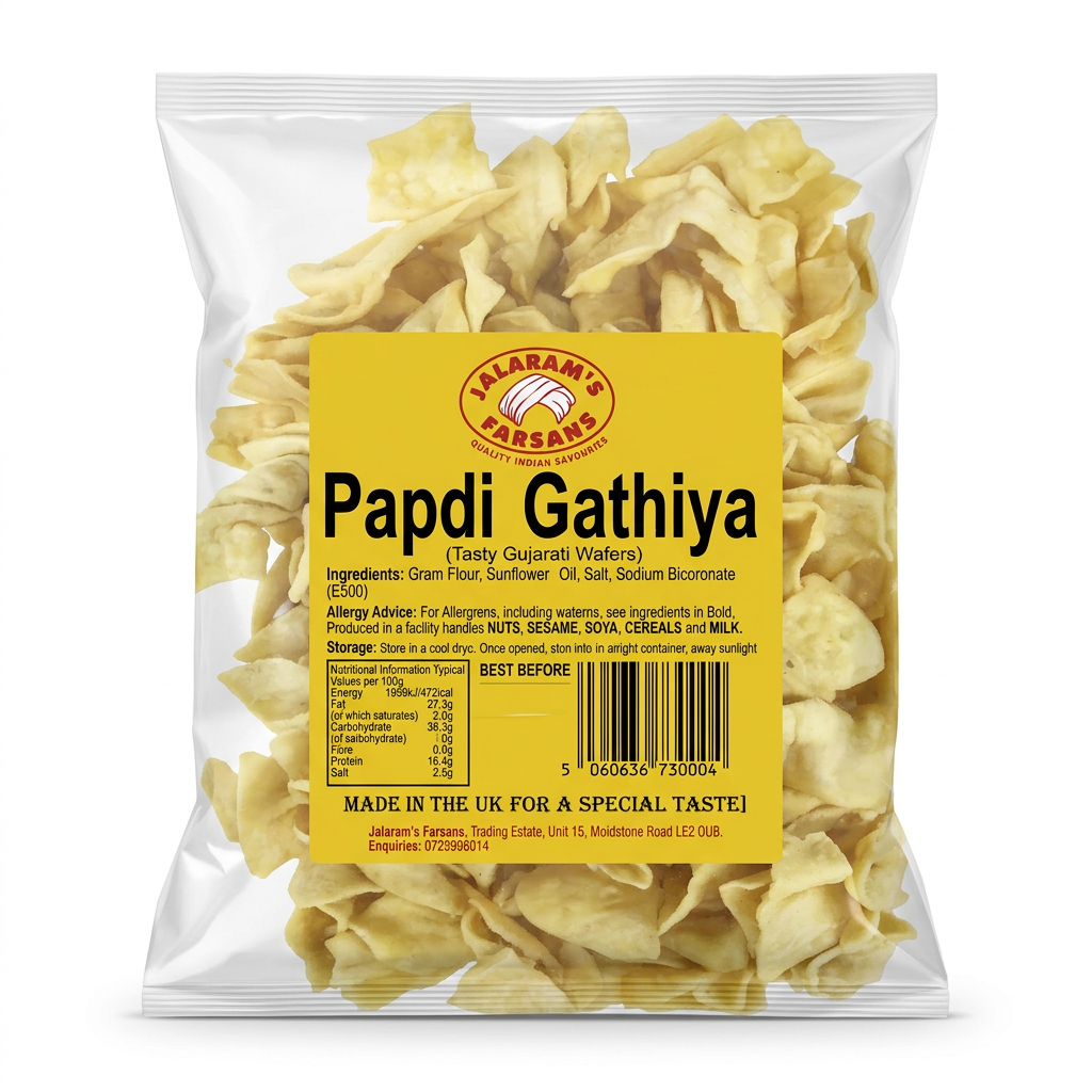 Jalram's Farsan Papdi Gathiya by Jalram's Farsan Indian Snacks — front view showing product label and branding, studio product photo on white background