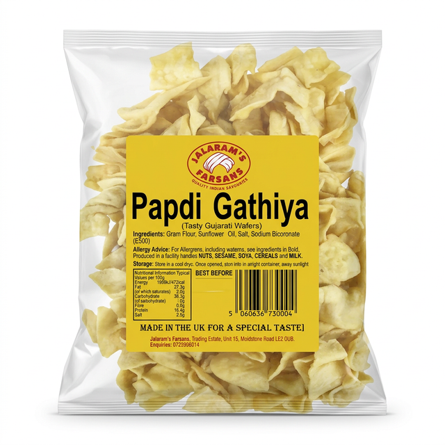 Jalram's Farsan Papdi Gathiya by Jalram's Farsan Indian Snacks — front view showing product label and branding, studio product photo on white background