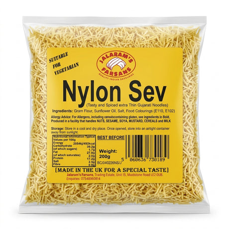 Jalram's Farsan Nylon Sev by Jalram's Farsan Indian Snacks — front view showing product label and branding, studio product photo on white background