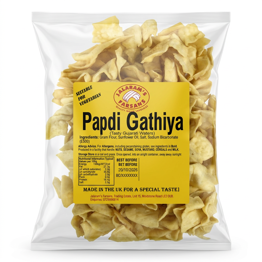 Jalram's Farsan Papdi Gathiya by Jalram's Farsan Indian Snacks — back view showing ingredients and product details, studio product photo on white background