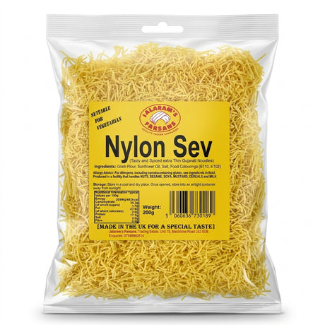 Jalram's Farsan Nylon Sev by Jalram's Farsan Indian Snacks — back view showing ingredients and product details, studio product photo on white background