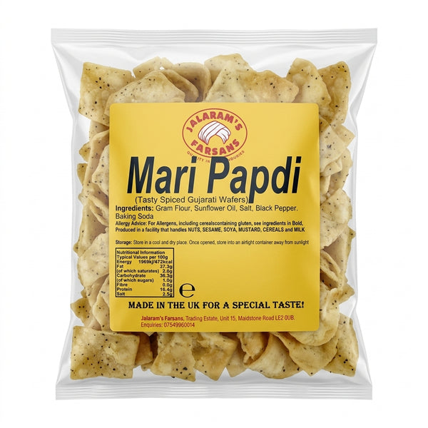Jalram's Farsan Mari Papdi by Jalram's Farsan Indian Snacks — front view showing product label and branding, studio product photo on white background