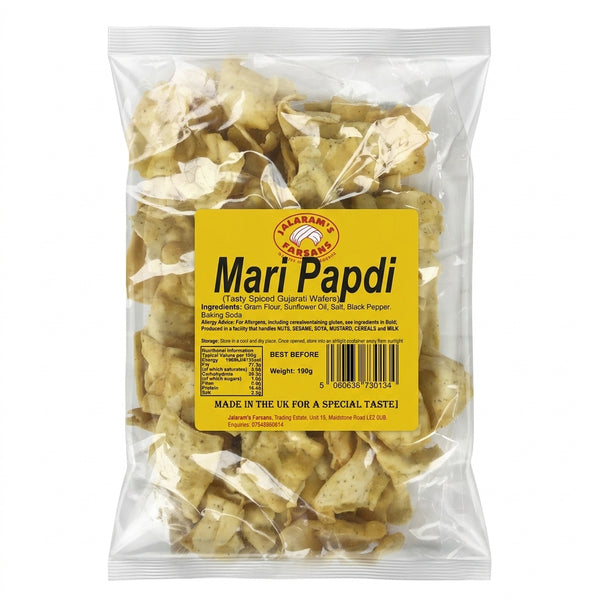Jalram's Farsan Mari Papdi by Jalram's Farsan Indian Snacks — back view showing ingredients and product details, studio product photo on white background