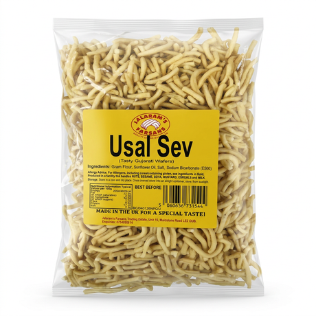 Jalram's Farsan Usal Sev by Jalram's Farsan Indian Snacks — back view showing ingredients and product details, studio product photo on white background