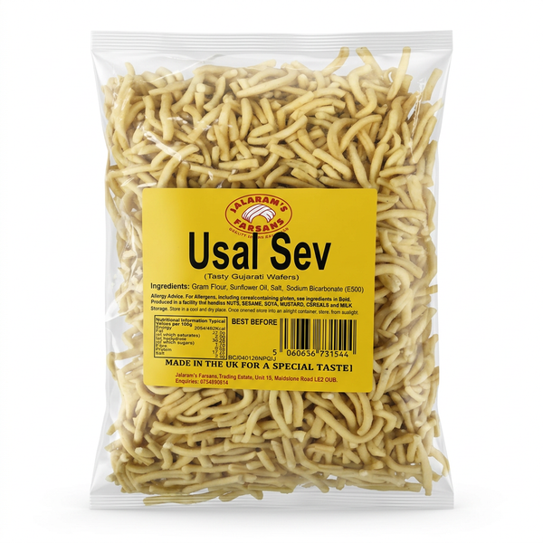 Jalram's Farsan Usal Sev by Jalram's Farsan Indian Snacks — back view showing ingredients and product details, studio product photo on white background