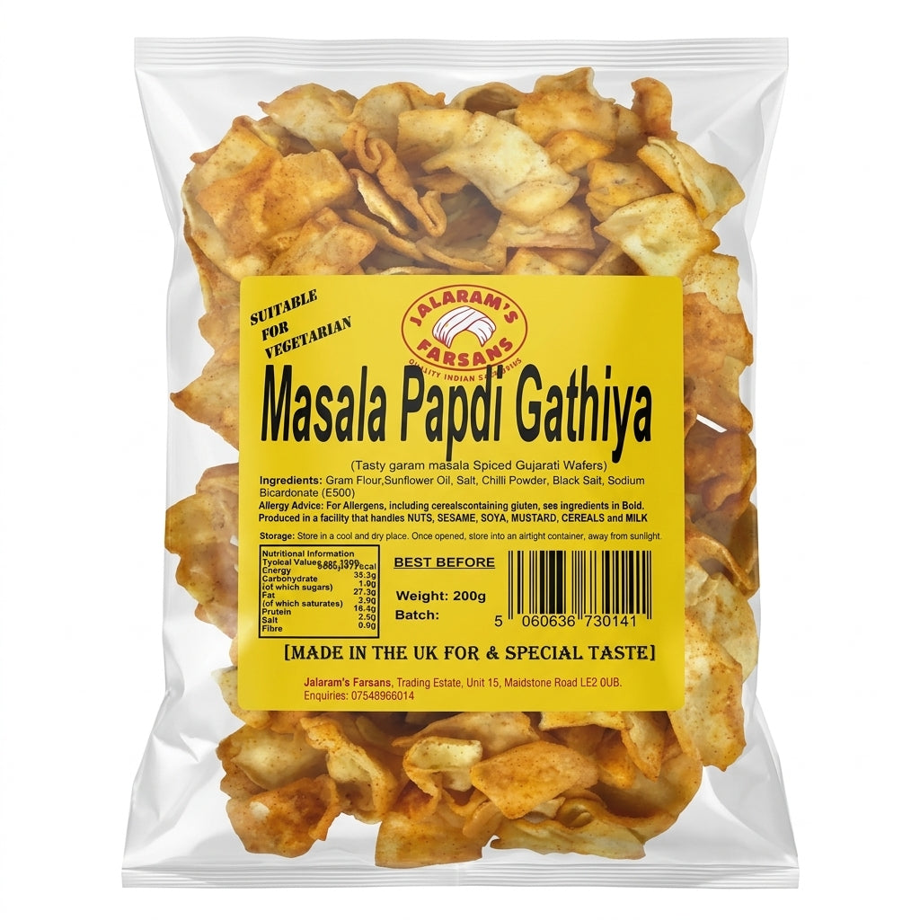 Jalram's Farsan Masala Papdi Gathiya by Jalram's Farsan Indian Snacks — back view showing ingredients and product details, studio product photo on white background