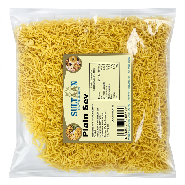 Sultaan Plain Sev by Sultaan Indian Snacks — front view showing product label and branding, studio product photo on white background