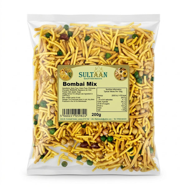 Sultaan Bombay Mix by Sultaan Indian Snacks — back view showing ingredients and product details, studio product photo on white background