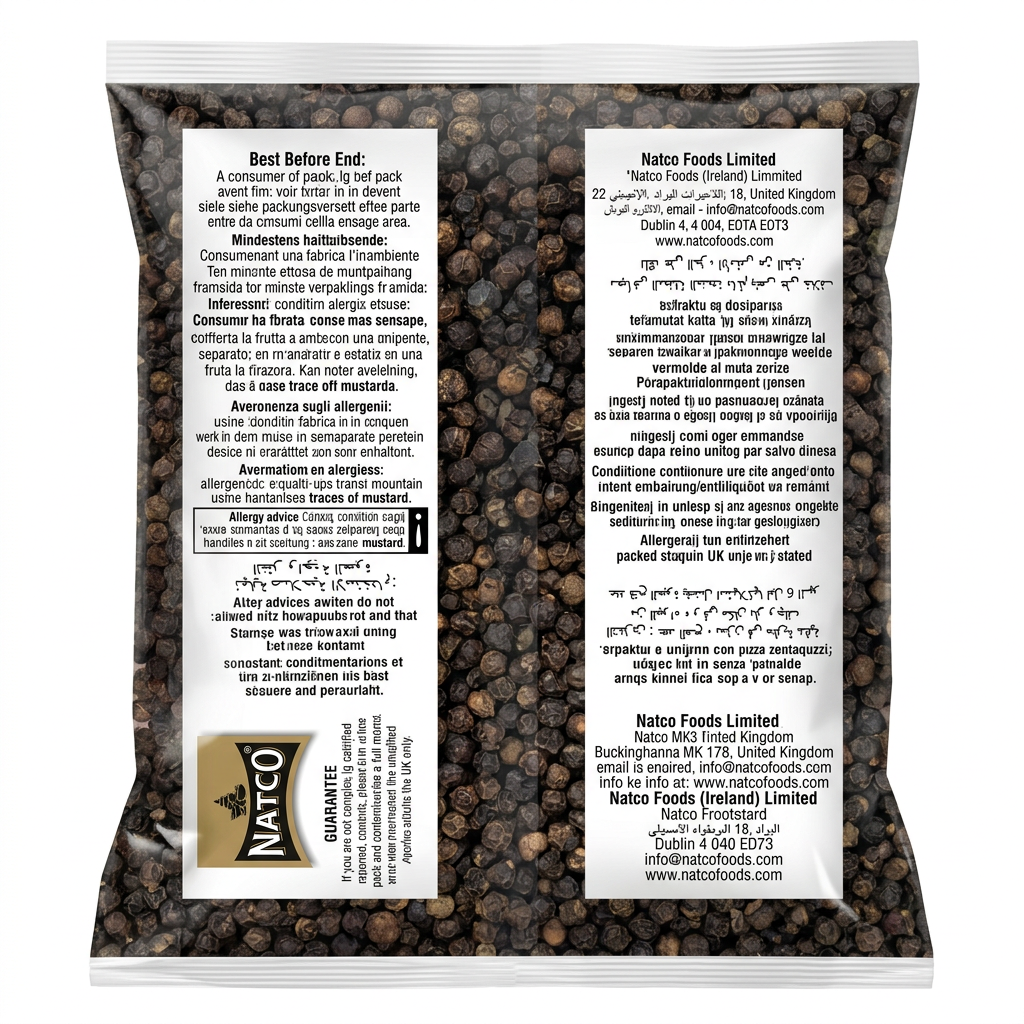 Natco Whole Black Pepper by Natco Whole Spices — back view showing ingredients and product details, studio product photo on white background