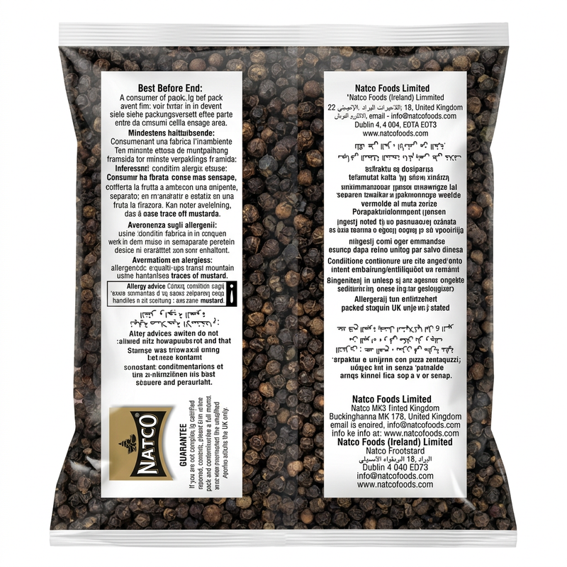 Natco Whole Black Pepper by Natco Whole Spices — back view showing ingredients and product details, studio product photo on white background