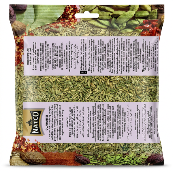 Natco Fennel Seeds by Natco Mukhwas — back view showing ingredients and product details, studio product photo on white background