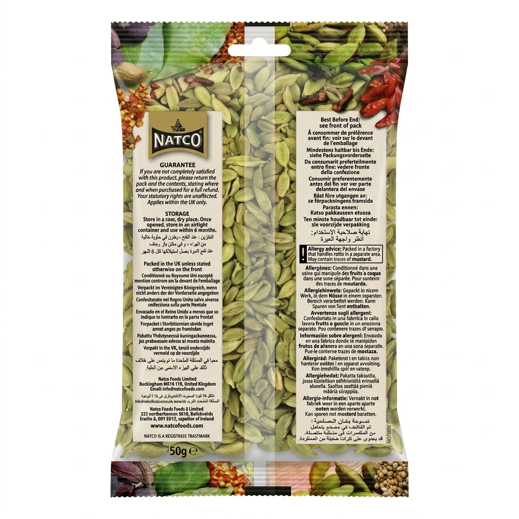 Natco Green Cardamom by Natco Whole Spices — back view showing ingredients and product details, studio product photo on white background