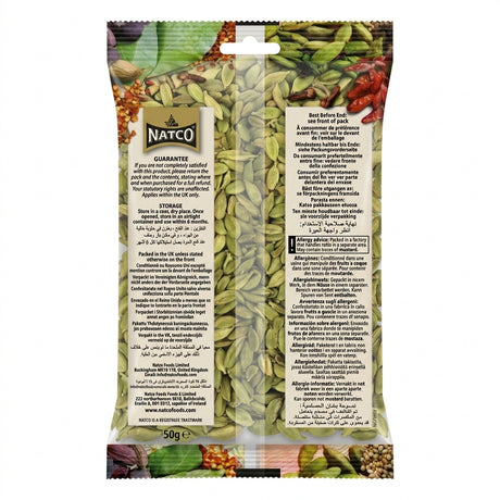 Natco Green Cardamom by Natco Whole Spices — back view showing ingredients and product details, studio product photo on white background