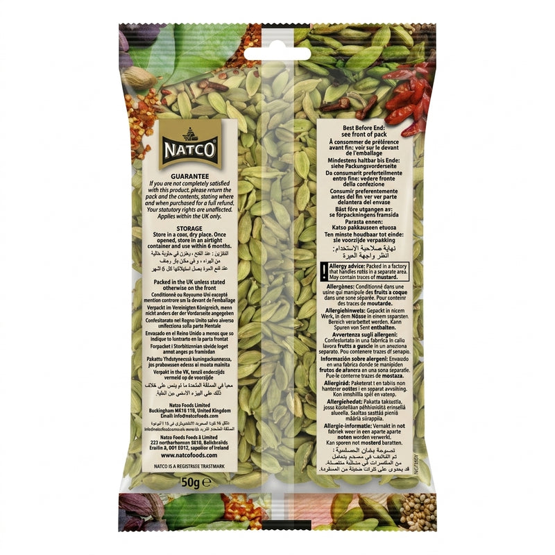 Natco Green Cardamom by Natco Whole Spices — back view showing ingredients and product details, studio product photo on white background
