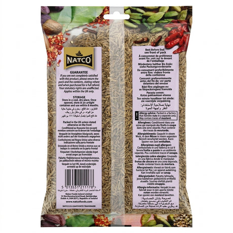 Natco Cumin Seeds by Natco Whole Spices — back view showing ingredients and product details, studio product photo on white background