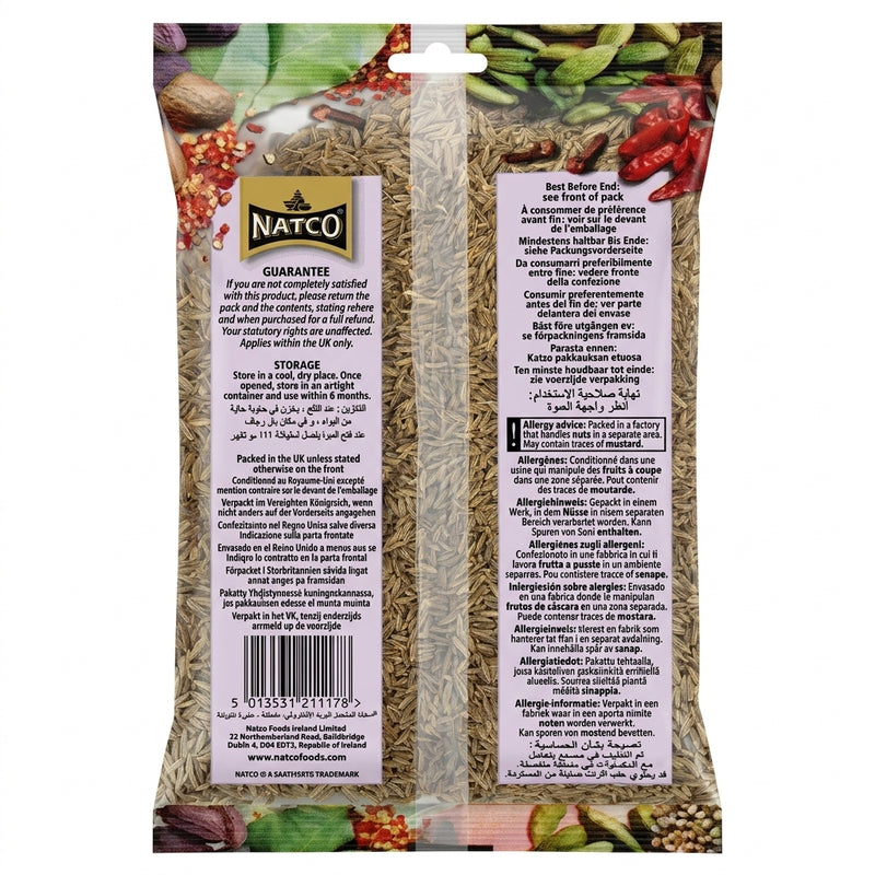 Natco Cumin Seeds by Natco Whole Spices — back view showing ingredients and product details, studio product photo on white background