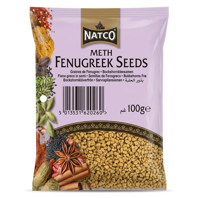 Natco Methi Seeds by Natco Whole Spices — front view showing product label and branding, studio product photo on white background
