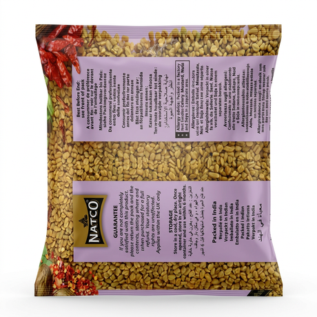 Natco Methi Seeds by Natco Whole Spices — back view showing ingredients and product details, studio product photo on white background