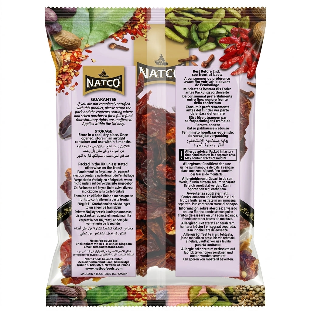 Natco Kashmiri Whole Chilli by Natco Whole Spices — back view showing ingredients and product details, studio product photo on white background