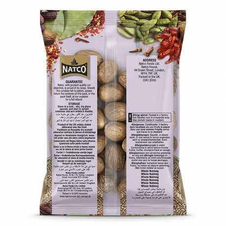 Natco Whole Nutmegs by Natco Whole Spices — back view showing ingredients and product details, studio product photo on white background