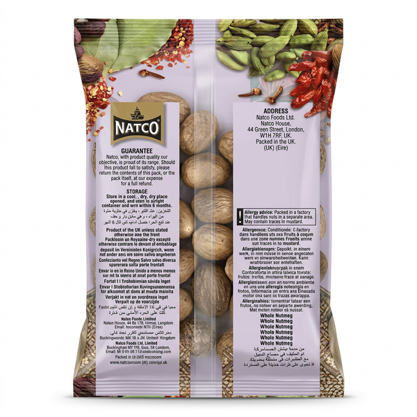 Natco Whole Nutmegs by Natco Whole Spices — back view showing ingredients and product details, studio product photo on white background