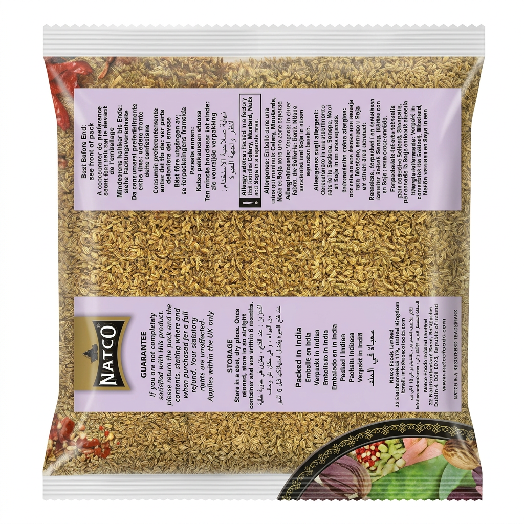 Natco Ajwain Seeds by Natco Whole Spices — back view showing ingredients and product details, studio product photo on white background