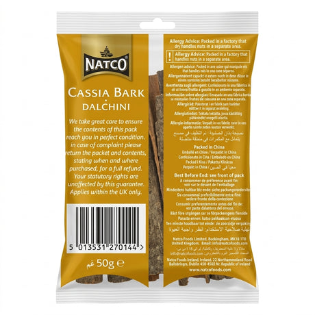 Natco Cassia Bark by Natco Whole Spices — back view showing ingredients and product details, studio product photo on white background