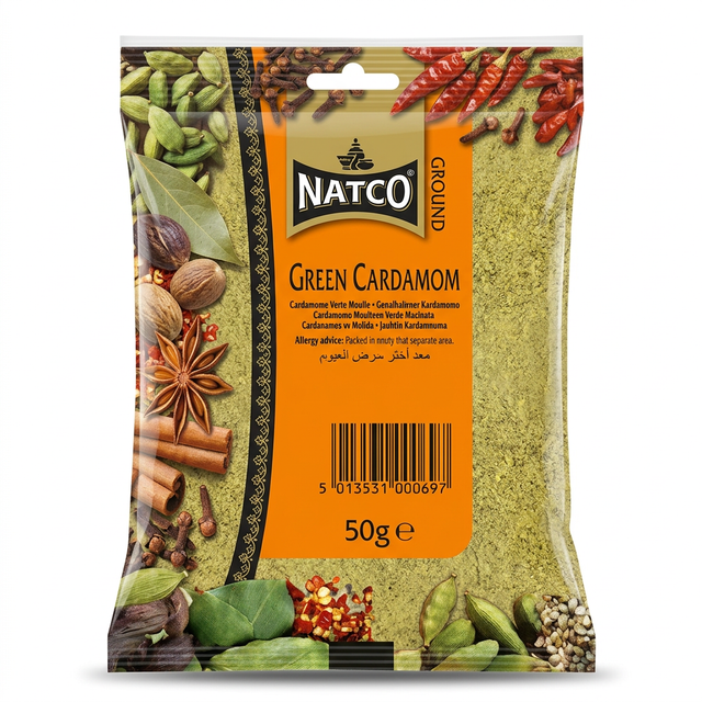 Natco Green Cardamom Powder by Natco Ground Spices — front view showing product label and branding, studio product photo on white background