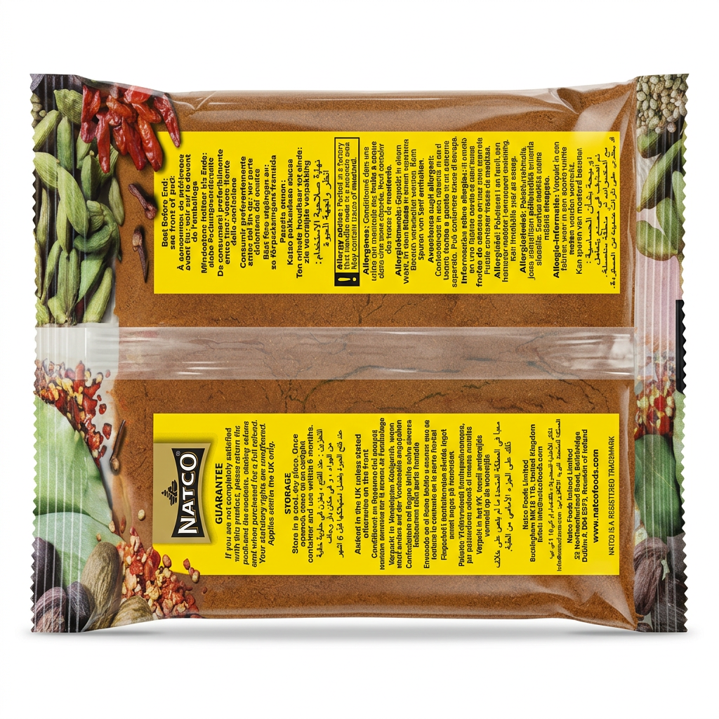 Natco Tandoori Masala by Natco Ground Spices — back view showing ingredients and product details, studio product photo on white background