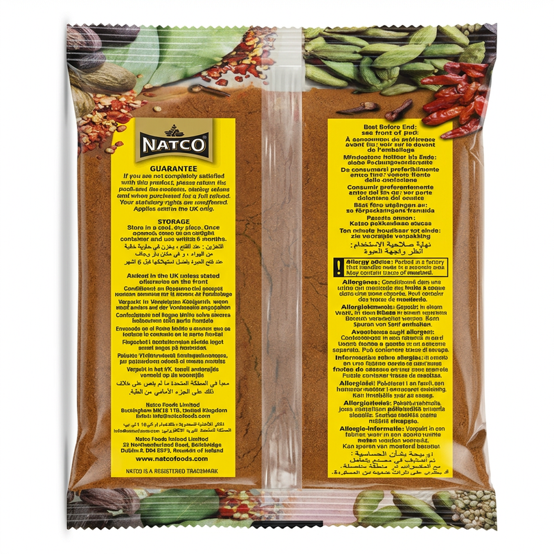 Natco Tandoori Masala by Natco Ground Spices — back view showing ingredients and product details, studio product photo on white background