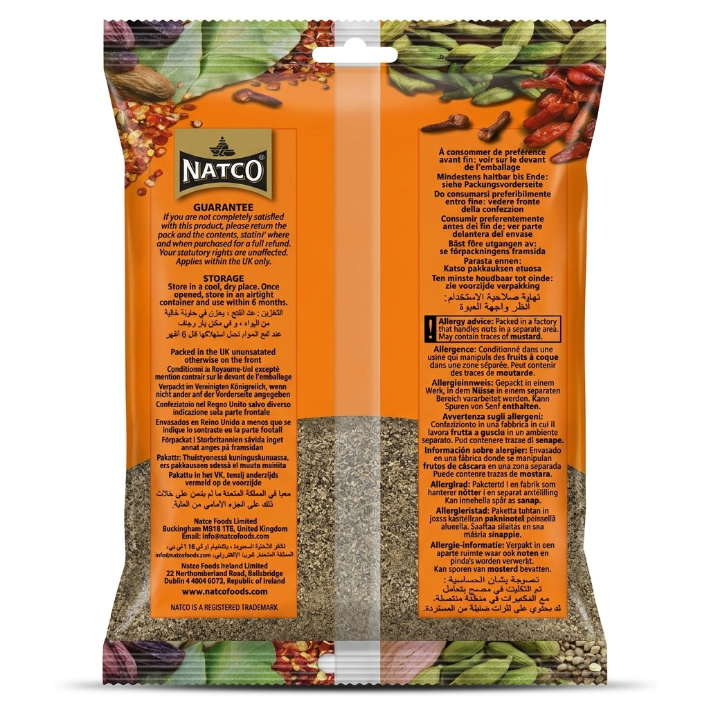 Natco Black Pepper Powder Coarse by Natco Ground Spices — back view showing ingredients and product details, studio product photo on white background