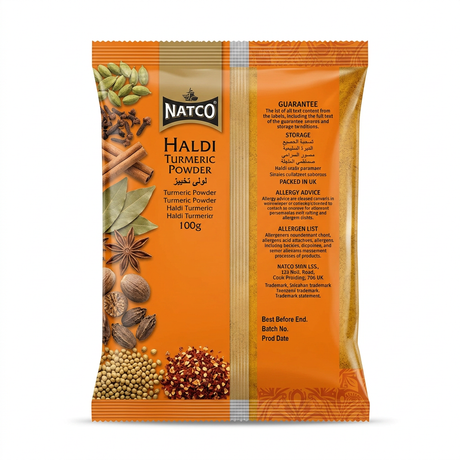 Natco Haldi Powder by Natco Ground Spices — back view showing ingredients and product details, studio product photo on white background