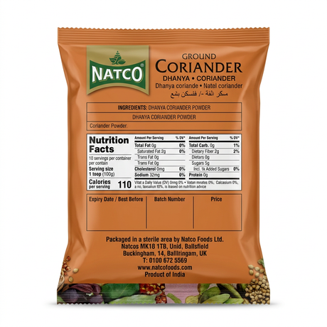 Natco Dhanya ( coriander) Powder by Natco Ground Spices — back view showing ingredients and product details, studio product photo on white background
