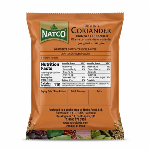 Natco Dhanya ( coriander) Powder by Natco Ground Spices — back view showing ingredients and product details, studio product photo on white background