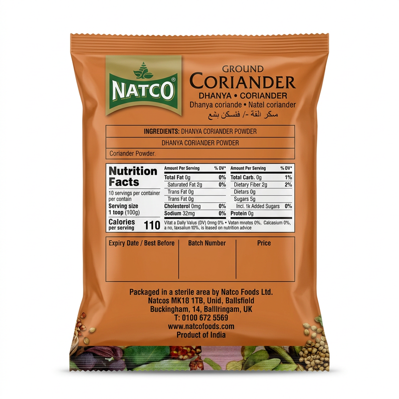 Natco Dhanya ( coriander) Powder by Natco Ground Spices — back view showing ingredients and product details, studio product photo on white background
