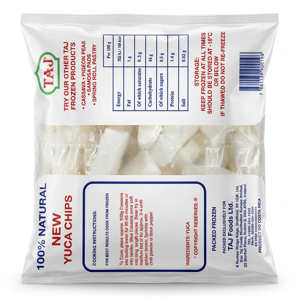Taj Frozen Mogo Chips by Taj Frozen — back view showing ingredients and product details, studio product photo on white background