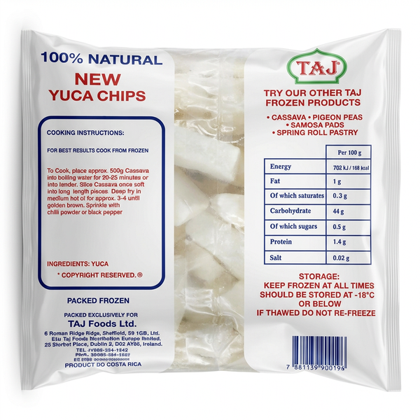 Taj Frozen Mogo Chips by Taj Frozen — back view showing ingredients and product details, studio product photo on white background