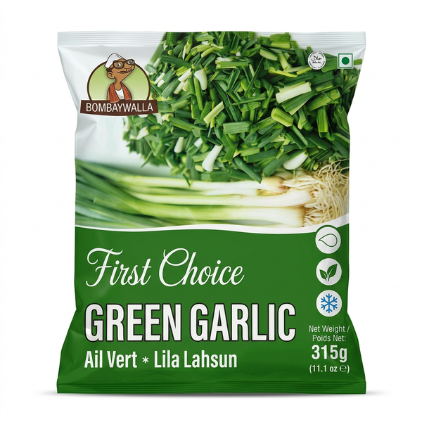 Bombaywalla Frozen Chopped Green Garlic by Bombaywalla Frozen — front view showing product label and branding, studio product photo on white background