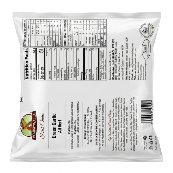 Bombaywalla Frozen Chopped Green Garlic by Bombaywalla Frozen — back view showing ingredients and product details, studio product photo on white background