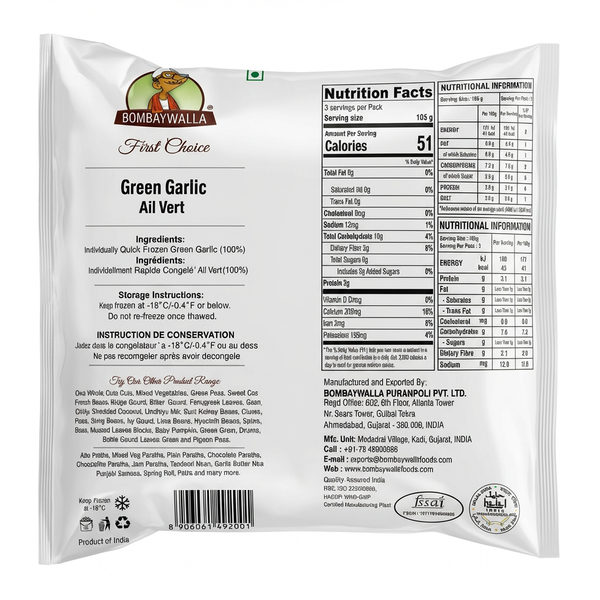 Bombaywalla Frozen Chopped Green Garlic by Bombaywalla Frozen — back view showing ingredients and product details, studio product photo on white background