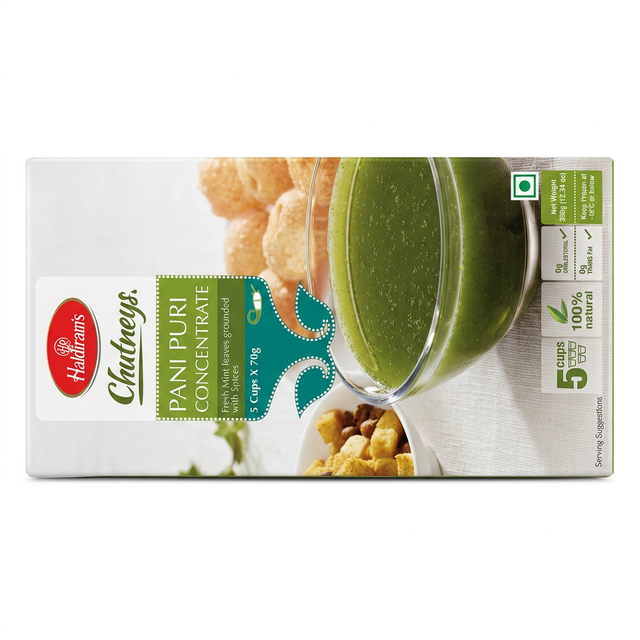 Haldirams Frozen Pani Puri Chutney by Haldirams Frozen — front view showing product label and branding, studio product photo on white background