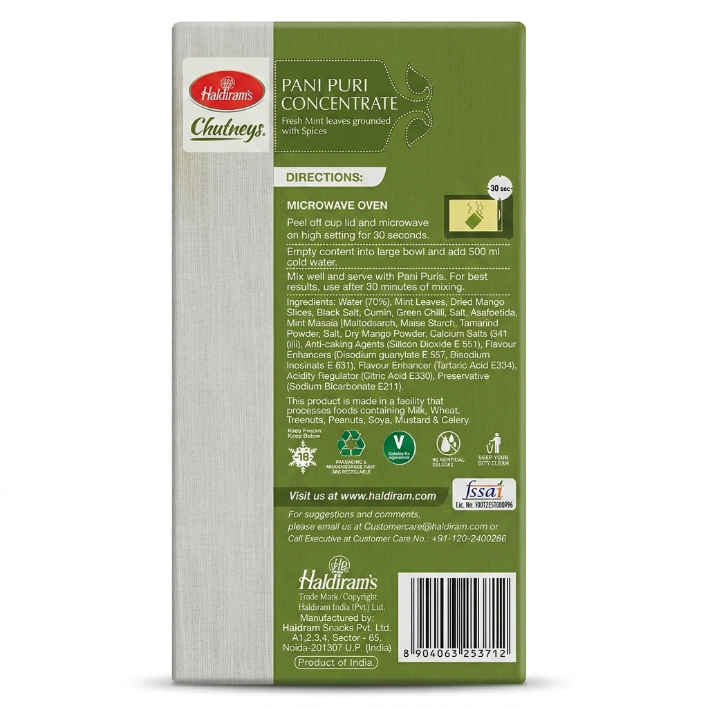 Haldirams Frozen Pani Puri Chutney by Haldirams Frozen — back view showing ingredients and product details, studio product photo on white background