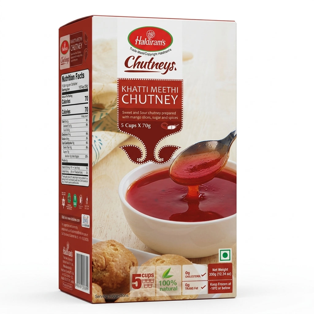 Haldirams Frozen Khatti Meethi Chutney by Haldirams Frozen — front view showing product label and branding, studio product photo on white background