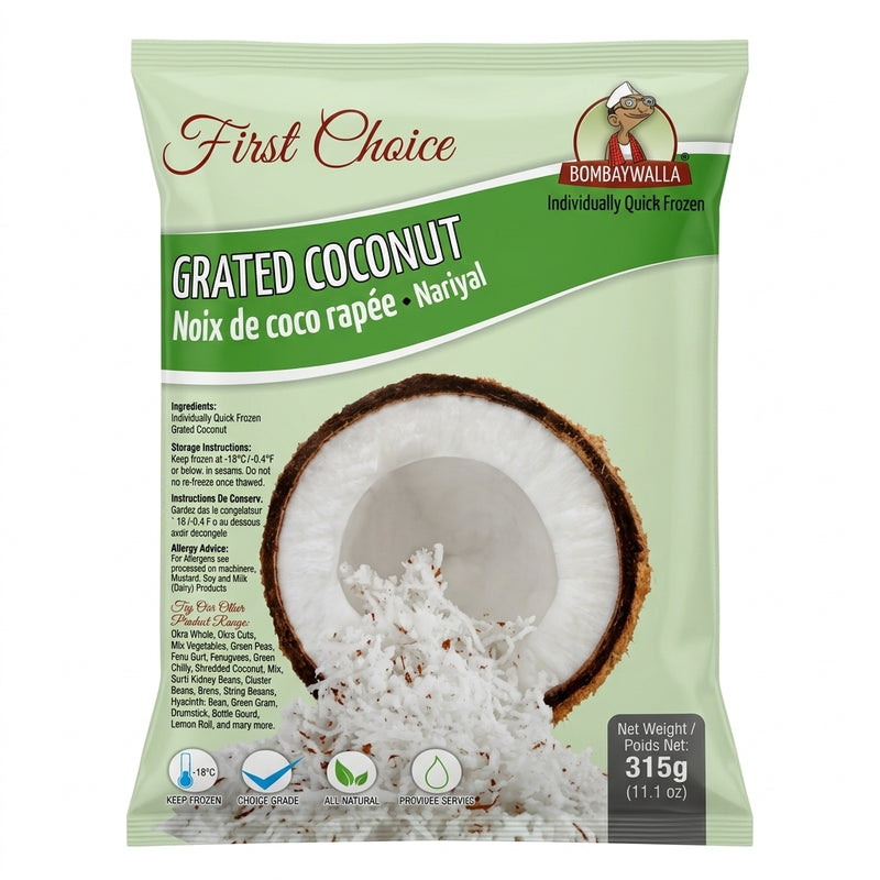 Bombaywalla Frozen Grated Coconut by Bombaywalla Frozen — front view showing product label and branding, studio product photo on white background